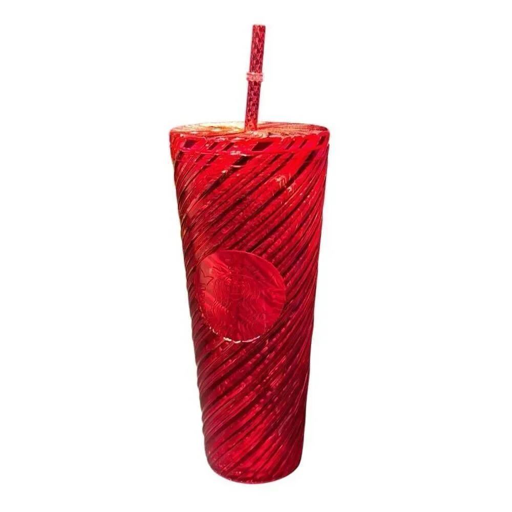 Starbucks  Red Christmas 2024 Swirls Stripes Venti Cold Cup Tumbler with Lid